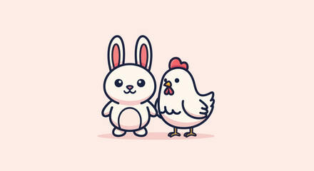 A charming illustration depicts a friendly bunny and chicken side-by-side