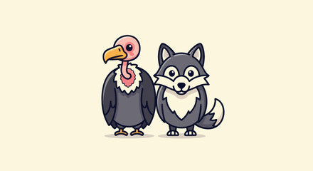 Cartoon vulture and wolf standing side-by-side on a cream background