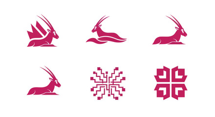 Six stylized graphic designs featuring an animal with long horns and geometric shapes in magenta
