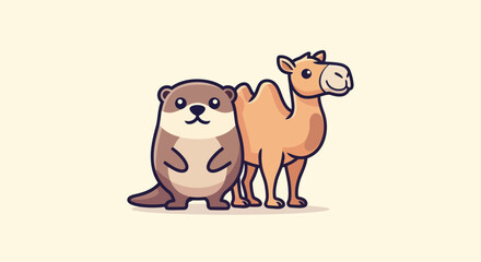 A cartoon otter stands next to a camel against a cream backdrop. Cheerful, simple
