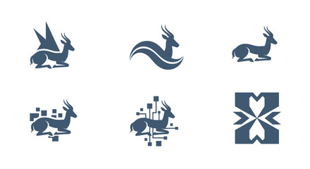 Six minimalist logos featuring a gazelle silhouette. Some have wings, tech elements, or geometric shapes