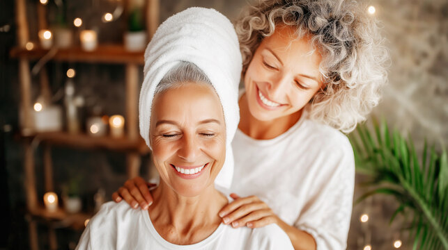 Senior woman with towel on head smiling as stylist cares for her hair in peaceful spa salon with warm lights and cozy ambiance