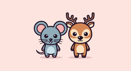 Cute cartoon mouse and deer standing side-by-side, outlined, on a light pink background