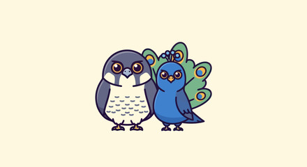 Cartoon illustration featuring a bird duo. One is a blue bird with a peacock tail, and the other a hawk