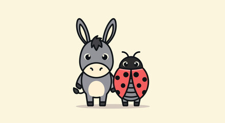 A cute, cartoon donkey and ladybug holding hands against a beige background