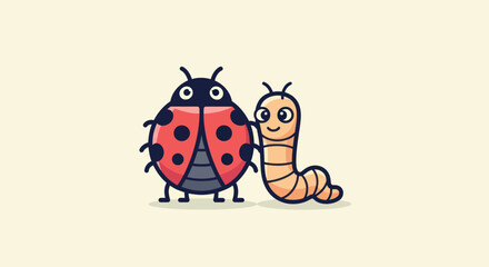 Friendly cartoon insects, a ladybug and a worm, stand together with smiling expressions