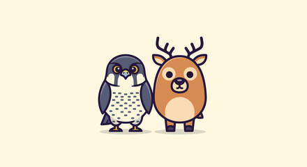 A stylized cartoon falcon and deer stand together on a cream backdrop