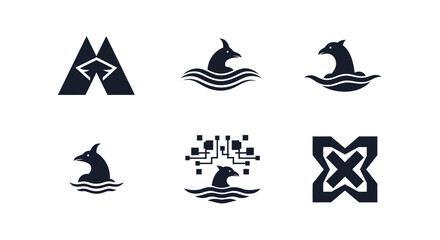 Fototapeta premium Six distinct dark logos on a white background. Some have animal silhouettes, others shapes