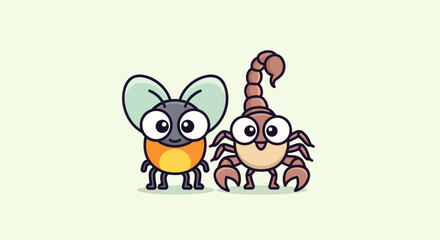 Cartoon illustration featuring a fly and a scorpion, both with big eyes