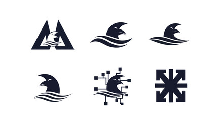 Obraz premium Set of graphic illustrations. Designs include a bird with waves, a network design, and arrows