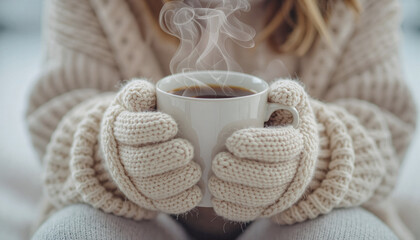 Cozy person holding a steaming cup of hot drink in knitted mittens