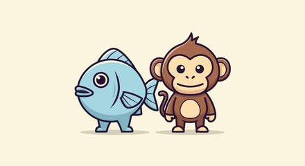 An illustration features a cartoon fish and monkey standing side-by-side on a light cream background