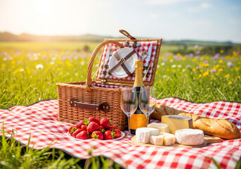 A Beautifully Arranged Romantic Picnic for Two in a Green Meadow with a Wicker Basket and Champagne