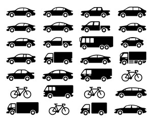 Black Vehicle Silhouette Icon Set Diverse Transport Collection of Cars, Trucks, Vans, Bus, and Bicycles for Maps, Infographics, Logistics, Mobility, and Automotive Stock Graphics