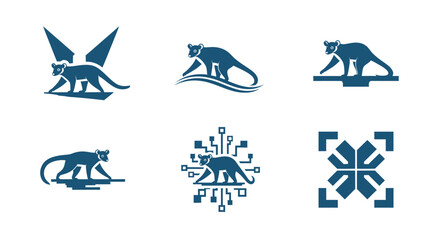 Stylized illustrations of a bear-like creature in various poses, some with tech and geometric elements