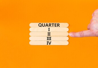 2nd second quarter 2 symbol. Concept word Quarter 2 on beautiful wooden sticks. Beautiful orange background. Businessman's hand. Business, happy 2nd second quarter 2 Q2 concept. Copy space.