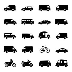 Collection of Black Transport Silhouettes Vans, Minivans, Cars, Bus, Motorcycles, and Bicycles for Mapping, Fleet Tracking, Delivery Services, and Professional Digital Graphics