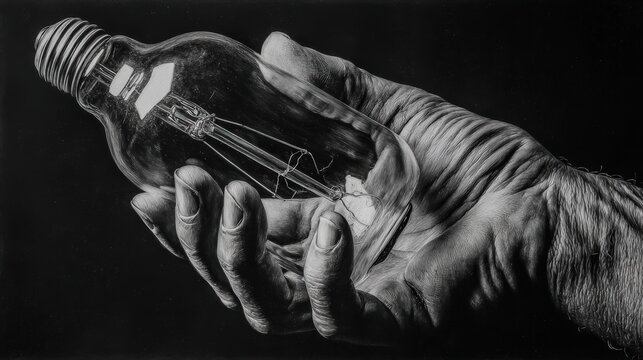 Detailed close up depicts a human hand gently cradling an incandescent light bulb against a dark background
