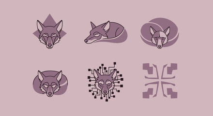 Six illustrations of a stylized fox head in a variety of poses and layouts, on a neutral background