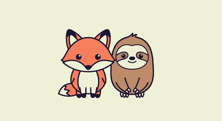 Two cartoon animals a fox and a sloth, stand side-by-side. Soft beige background