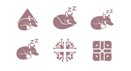 Six stylized graphic designs on white background, featuring foxes and geometric patterns