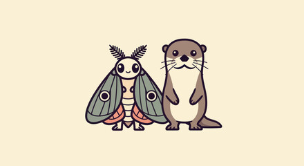 A cartoon moth with large eyes and an otter stand side-by-side on a light cream background