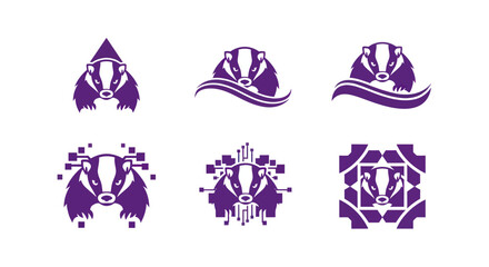 Six purple badger designs showcasing variations in style, ranging from simple to more intricate