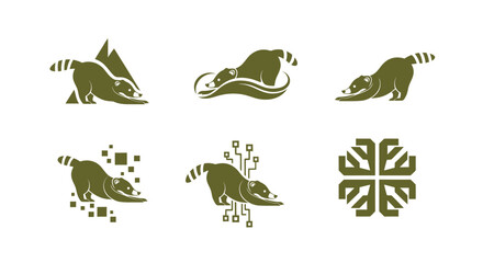 Collection of stylized animal logos in olive green, featuring a raccoon-like creature