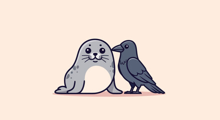 A cartoon seal and a crow are sharing a moment against a soft, pinkish background