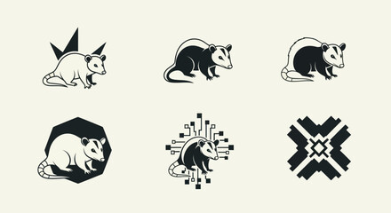 Six minimalist illustrations of an opossum in various stylized forms