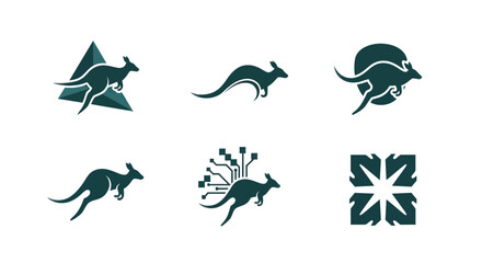 Six minimalist designs showcasing a kangaroo silhouette, paired with geometric and tech elements