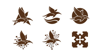 Six brown anteater logo designs, incorporating shapes, wings, circuitry, and a geometric pattern