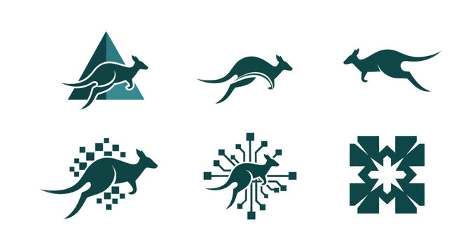 Six stylized kangaroo logos in teal on white. Some feature tech elements
