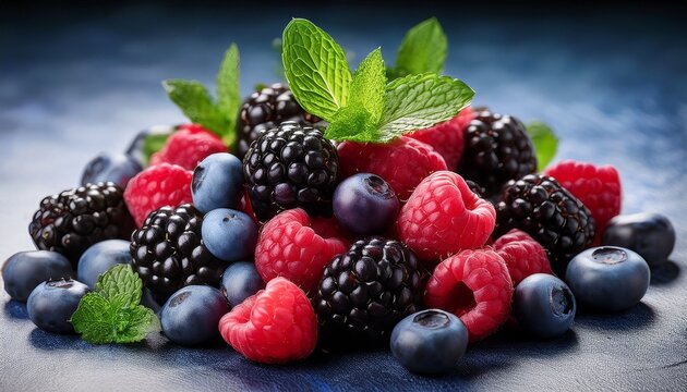 a vibrant display of mixed berries including raspberries blueberries and blackberries adorned with fresh mint leaves - Powered by Adobe