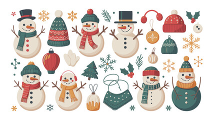 Vintage Christmas Snowman and Winter Holiday Doodle Set - Retro Mid-Century Character, Hat, Scarf, and Bauble Vector Collection