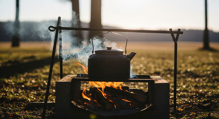 A kettle sits on a campfire, with smoke rising in the background. The scene is set in a grassy area under a clear sky, suggesting outdoor cooking.