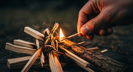 A hand ignites a small fire with a matchstick. The fire is built from sticks and twigs, set against a blurred natural background.