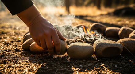 A hand placing a stone in a circle of rocks around a small fire. Smoke rises in a natural outdoor setting with trees in the background.