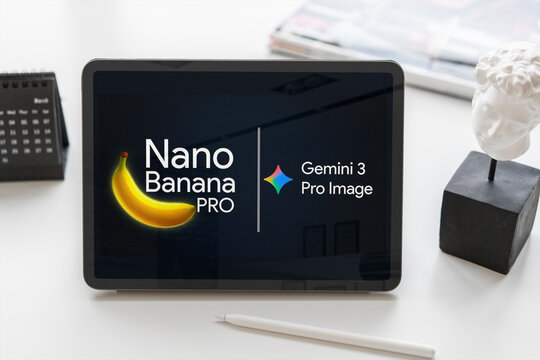 Tablet displaying nano banana pro application on white desk