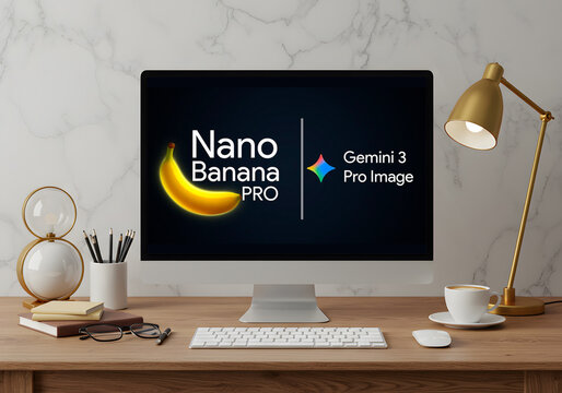 Modern home office desk showing nano banana pro software