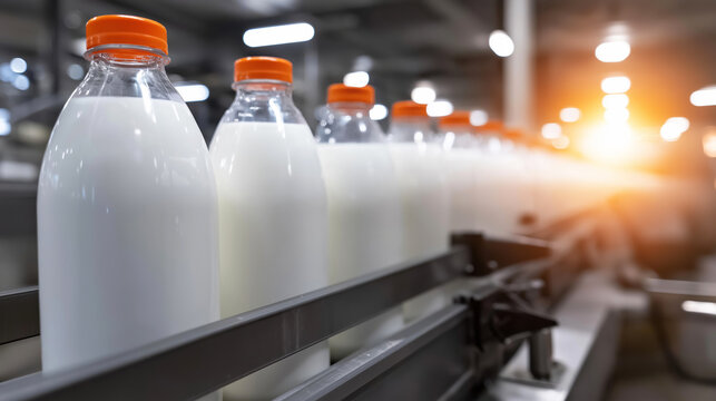 Row of transparent bottles filled with milk moving along a conveyor belt, illustrating automated dairy production and packaging process - Powered by Adobe
