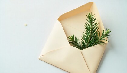 An open envelope contains a sprig of evergreen. The envelope is light beige, and the background is a soft white. The scene suggests a seasonal or holiday theme.