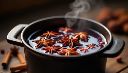 A black pot filled with steaming mulled wine, garnished with star anise and cinnamon sticks. The scene evokes warmth and comfort, perfect for winter gatherings.