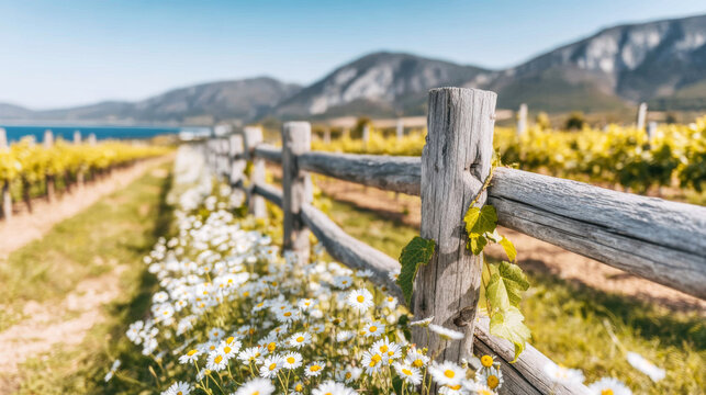 Rustic wooden fence with growing ivy and blooming daisy flowers, separating rows of green grapevines. Serene spring vineyard landscape