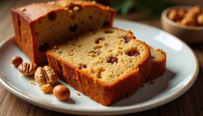 Sliced fruitcake on a white plate. The cake contains nuts and dried fruits. A small bowl of mixed nuts is in the background. Natural lighting enhances the scene.