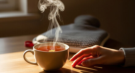 A steaming cup of tea sits on a wooden table. A hand reaches towards the cup. Soft light filters through a nearby window, creating a warm atmosphere.