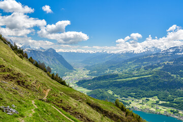 Walking trail above Walensee lake in Switzerland