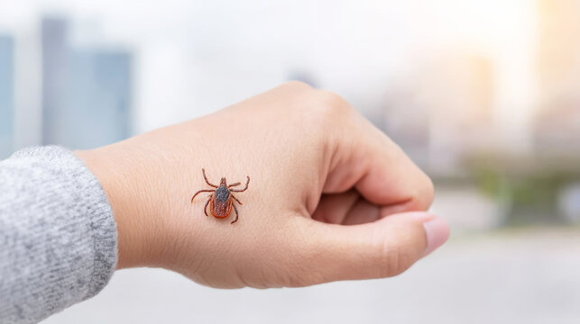 Tick crawling on human hand, symbolizing disease risk, preventing infections, and outdoor parasite awareness