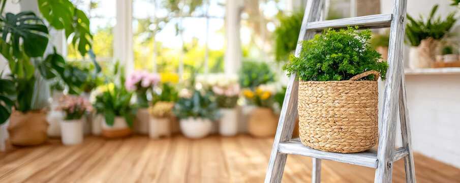 Potted green plant in woven basket on wooden ladder, bright plant room with many indoor plants by window