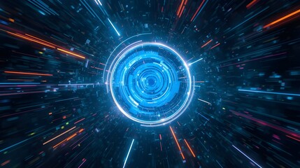 A glowing digital vortex of blue light and swirling particles, creating a futuristic tunnel that represents speed, energy, and advanced technology.